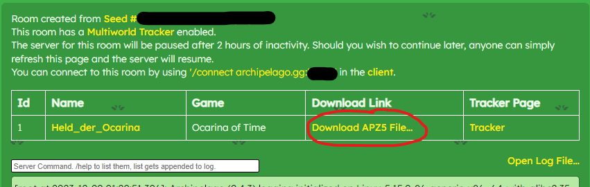 Screenshot of a Multiworld Room with an Ocarina of Time Player